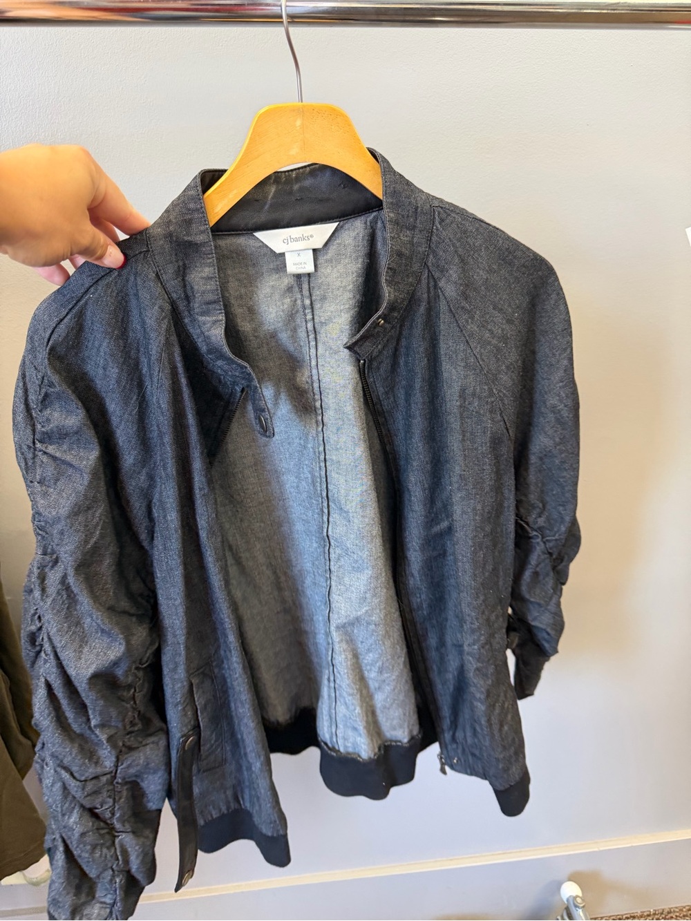 CJ Banks Indigo Denim-Style Bomber Jacket
